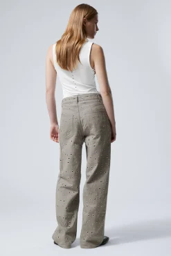 Weekday LOW WAIST LOOSE WIDE LEG EYELET TWILL TROUSERS><noscript><img width=