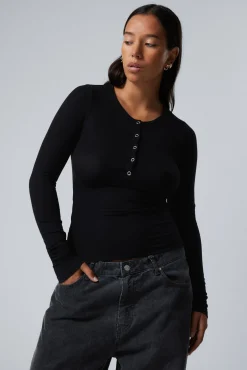 Weekday SHEER RIB LONG SLEEVE HENLEY TOP>Women Basics|Tops
