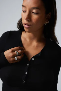 Weekday SHEER RIB LONG SLEEVE HENLEY TOP>Women Basics|Tops