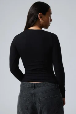 Weekday SHEER RIB LONG SLEEVE HENLEY TOP><noscript><img width=