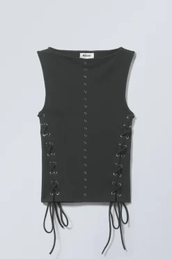 Weekday SLEEVELESS LACING BOAT-NECK EYELET TOP><noscript><img width=