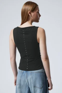 Weekday SLEEVELESS LACING BOAT-NECK EYELET TOP><noscript><img width=