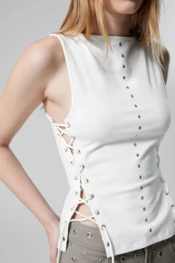 Weekday SLEEVELESS LACING BOAT-NECK EYELET TOP><noscript><img width=